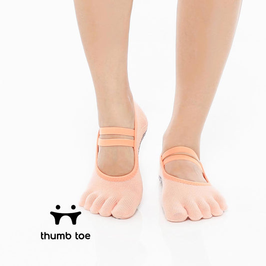【韓國 Thumb Toe】皮拉提斯織帶款止滑五趾運動襪-Peach