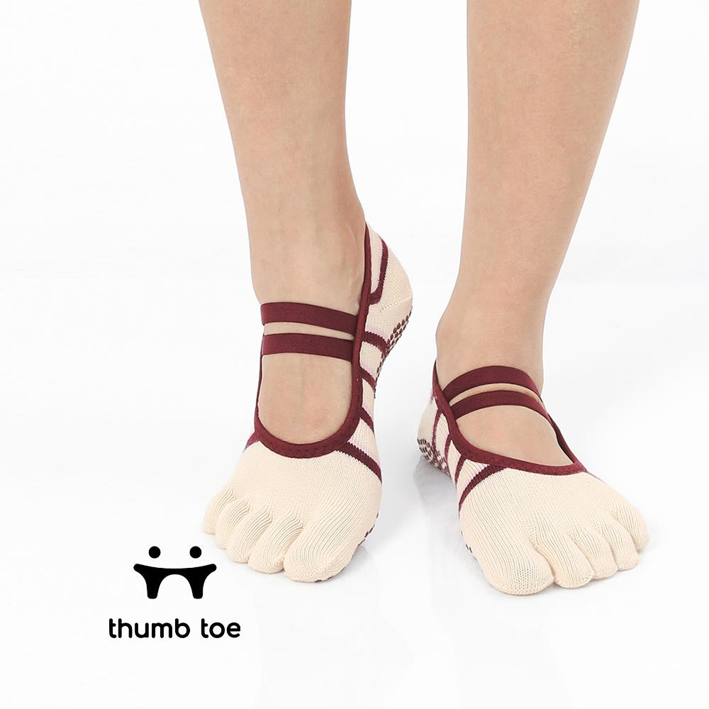 【韓國 Thumb Toe】皮拉提斯織帶款止滑五趾運動襪-Burgundy