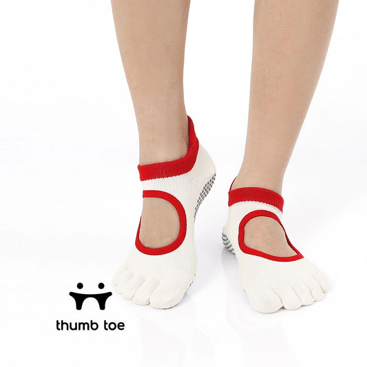 【韓國 Thumb Toe】皮拉提斯織帶款止滑五趾運動襪-Tomato