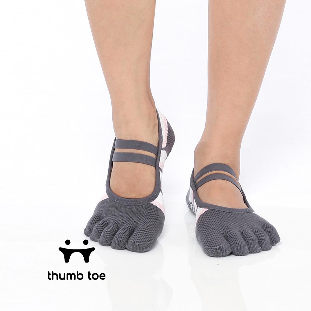 【韓國 Thumb Toe】皮拉提斯織帶款止滑五趾運動襪-Charcoal