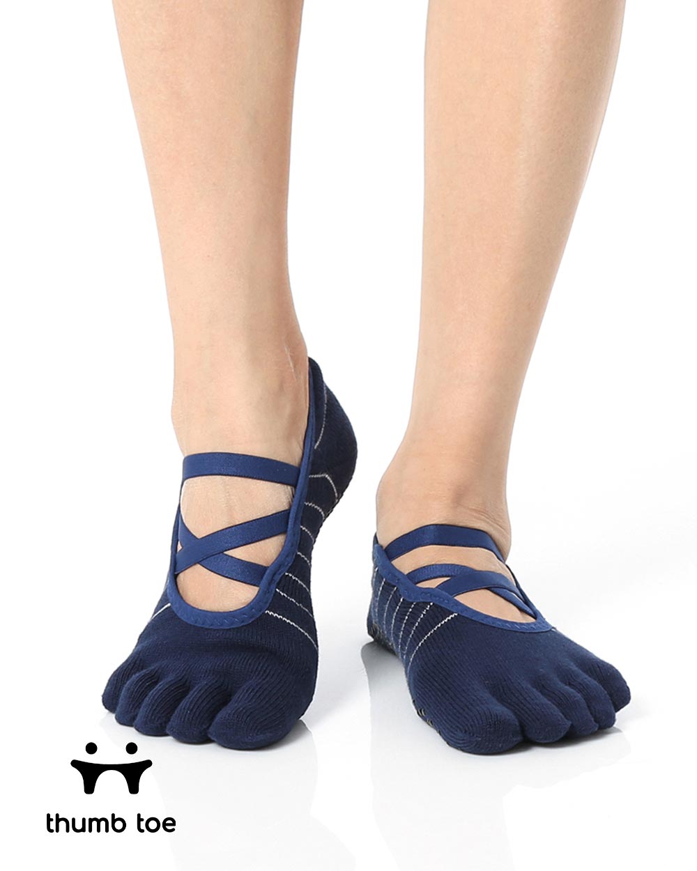 【韓國 Thumb Toe】皮拉提斯織帶款止滑五趾運動襪-Denim